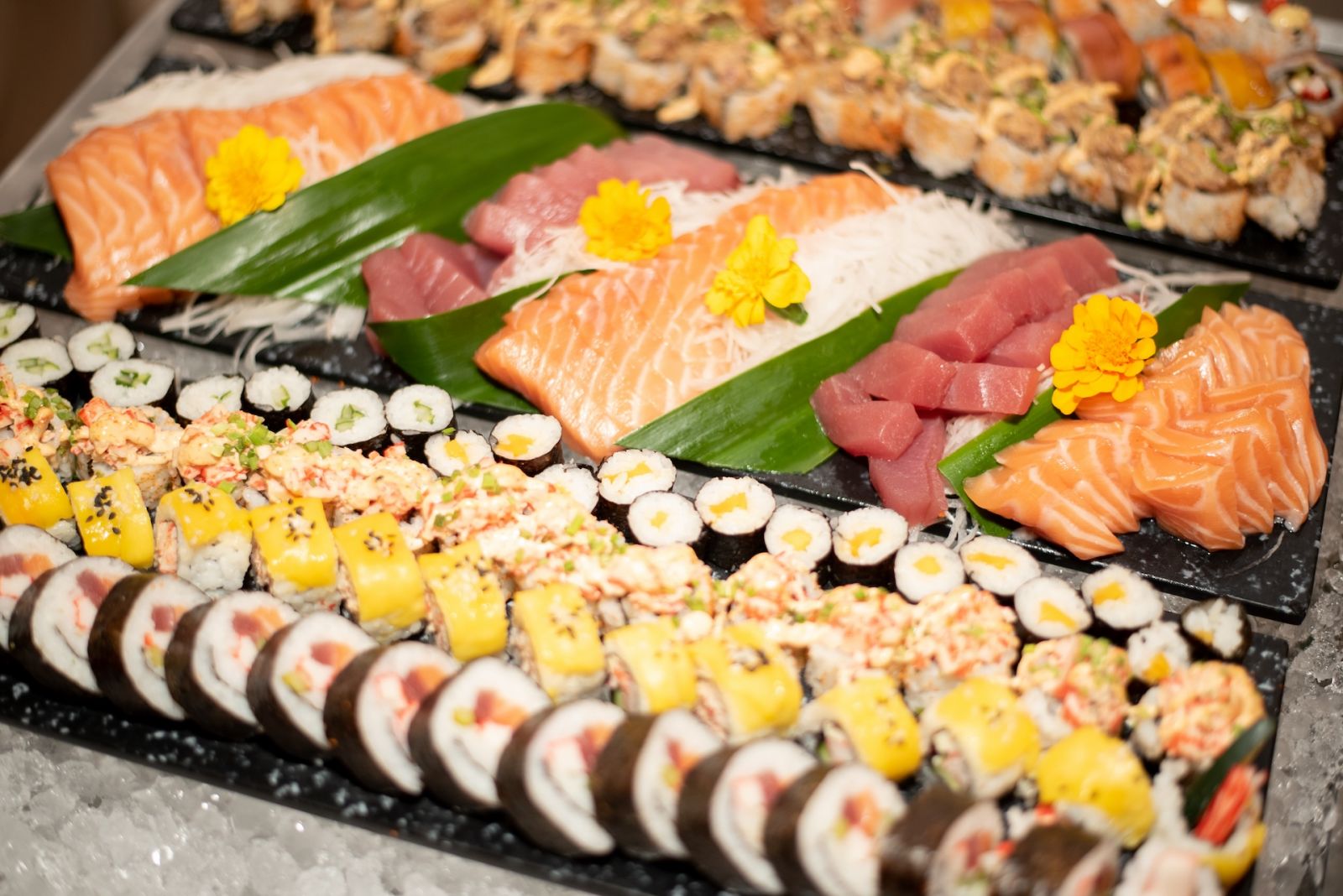 Fresh sashimi and sushi on display for guests