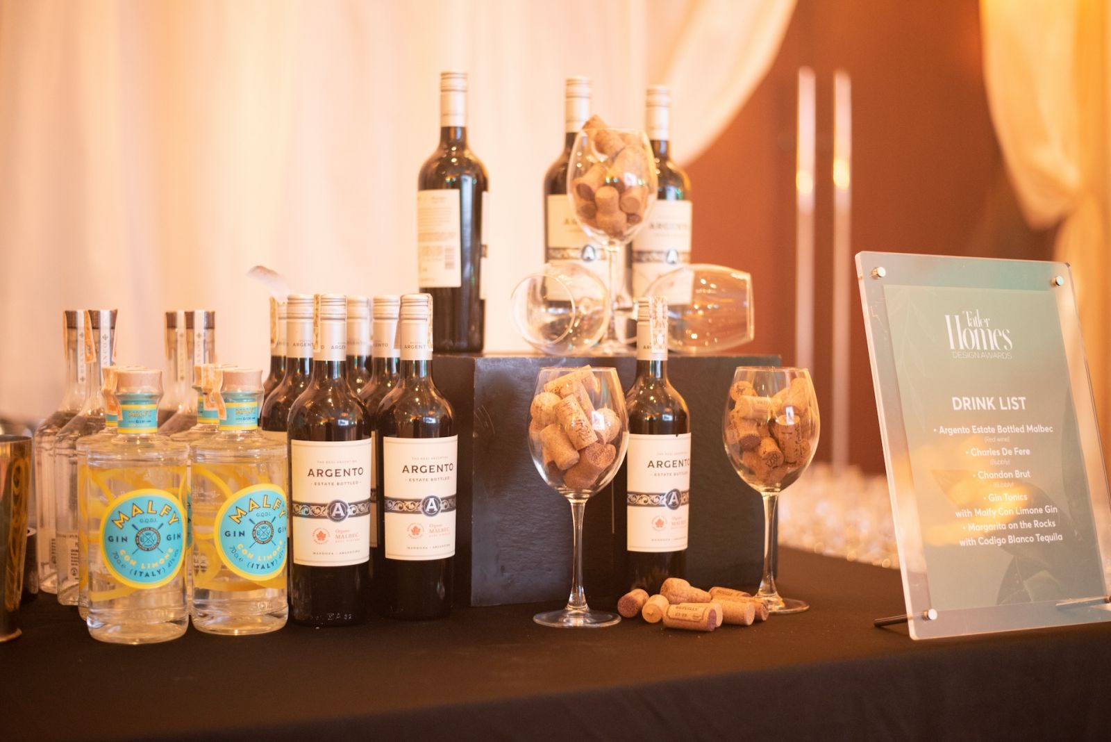 Malfy Gin and Argento Malbec served at the bar