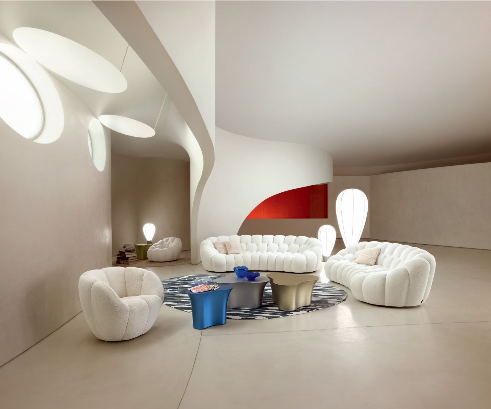 All white Bubble sofas and armchair have a futuristic flavour