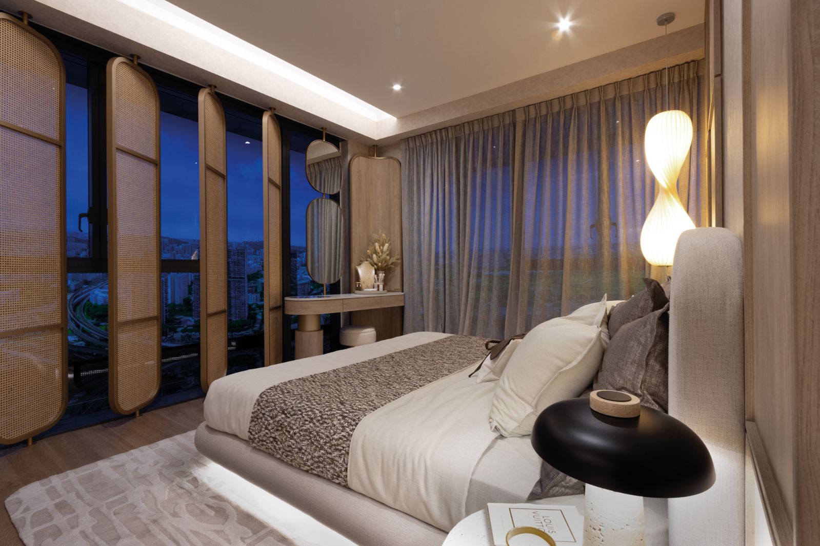 These swivelling fins in the master bedroom afford privacy while offering the option to experience directed views of the Jurong skyline