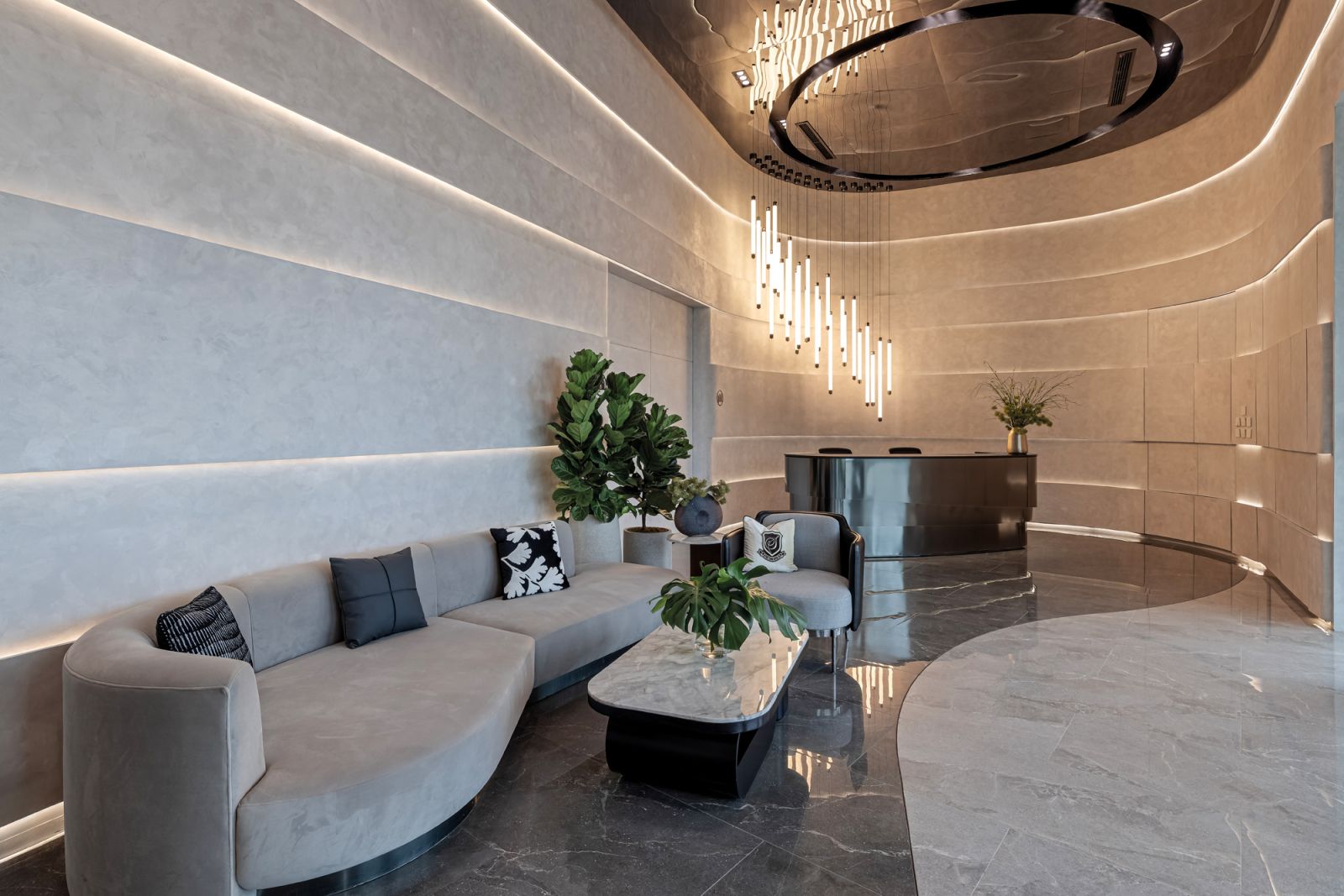 The showroom’s stately lobby area