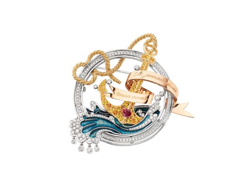 Encres transformable brooch in white, rose & yellow gold, set with a heart- shaped ruby, round sapphires & spessartite garnets, Grand Feu enamel and brilliant-cut diamonds