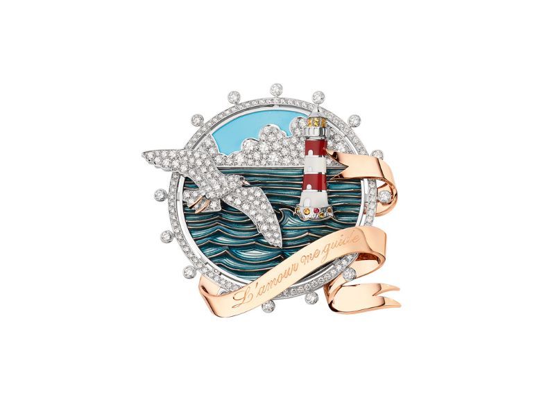 Encres transformable brooch in white, rose & yellow gold, set with turquoise, round yellow sapphires, garnets & spinels, lacquer, Grand Feu enamel and brilliant-cut diamonds