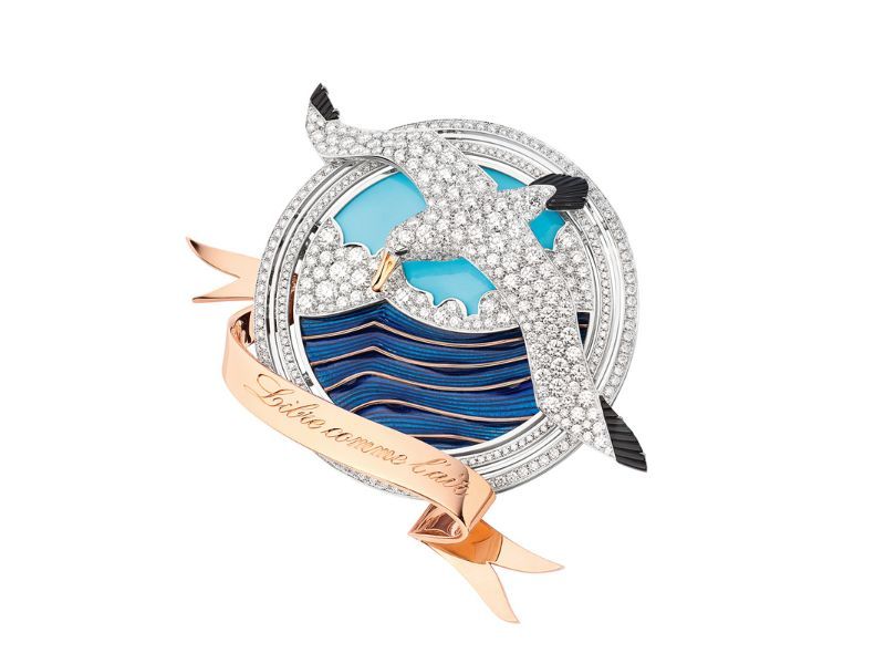 Encres transformable brooch in white, rose & yellow gold, set with turquoise, onyx, Grand Feu enamel and brilliant-cut diamonds