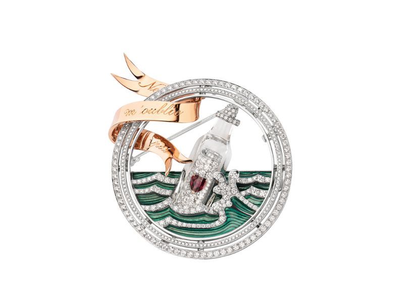 Encres transformable brooch in white, rose & yellow gold, set with a heart- shaped ruby, carved rock crystal, Grand Feu enamel and brilliant-cut diamonds