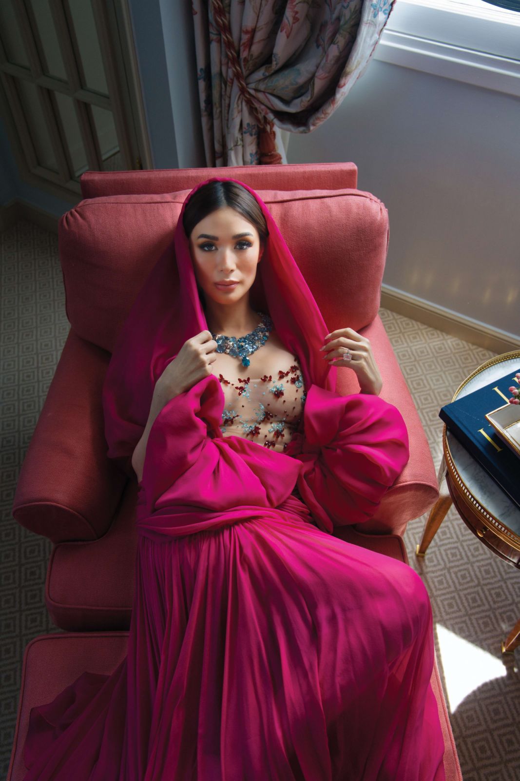 Evangelista wears Giambattista Valli gown and jewellery from Tiffany & Co Blue Book Summer 2024 Céleste High Jewelry Collection