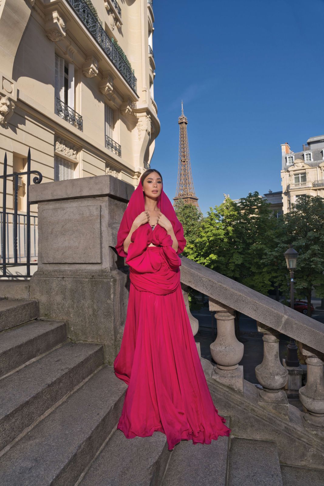 Evangelista wears Giambattista Valli gown and jewellery from Tiffany & Co Blue Book Summer 2024 Céleste High Jewelry Collection