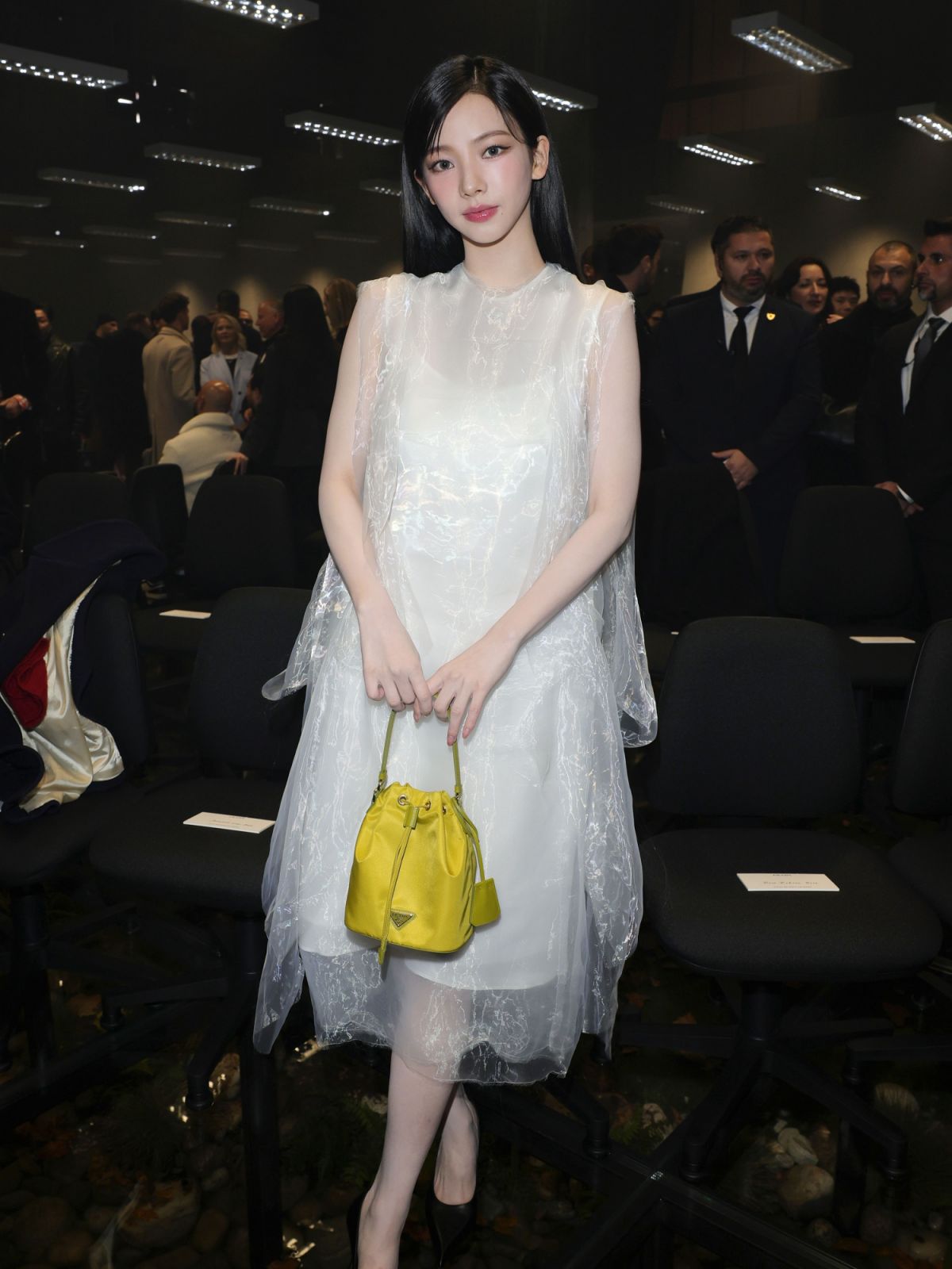 MILAN, ITALY - JANUARY 14: (EDITORS NOTE: This image has been retouched at the request of the subject.) Karina attends the Prada Fall/Winter 2024 Menswear Fashion Show on January 14, 2024 in Milan, Italy. (Photo by Jacopo M. Raule/Getty Images for Prada)