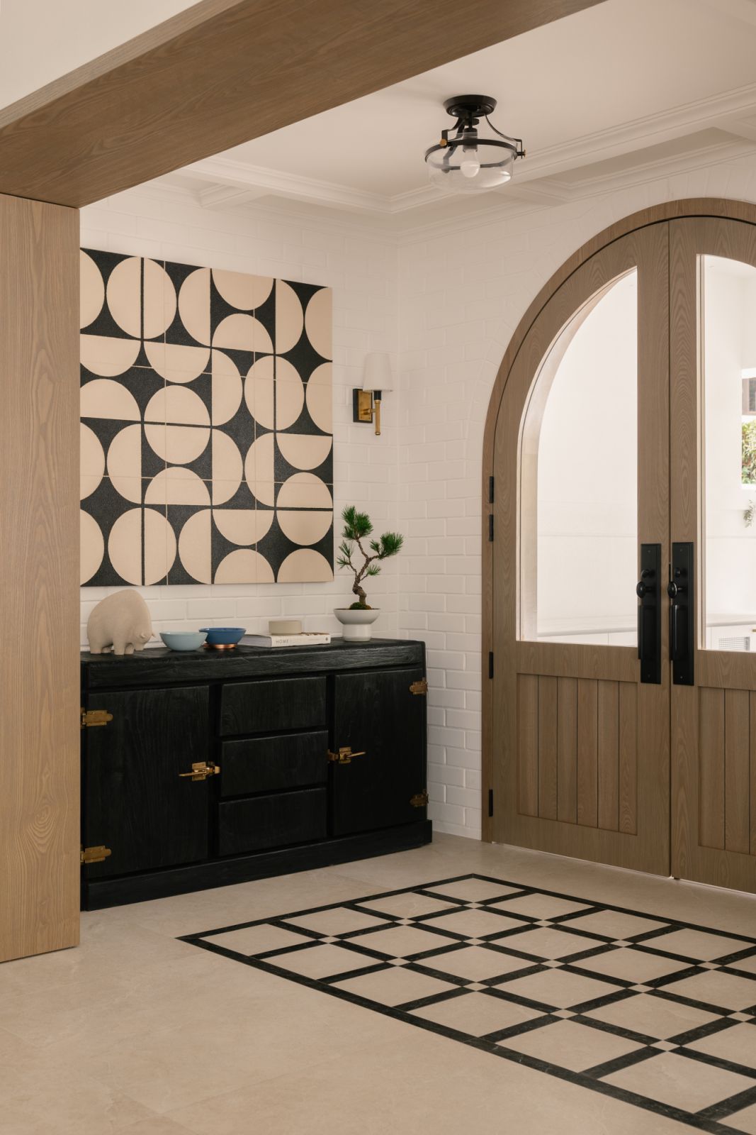 Geometric patterns lend visual interest to both the vertical as well as the horizontal surfaces