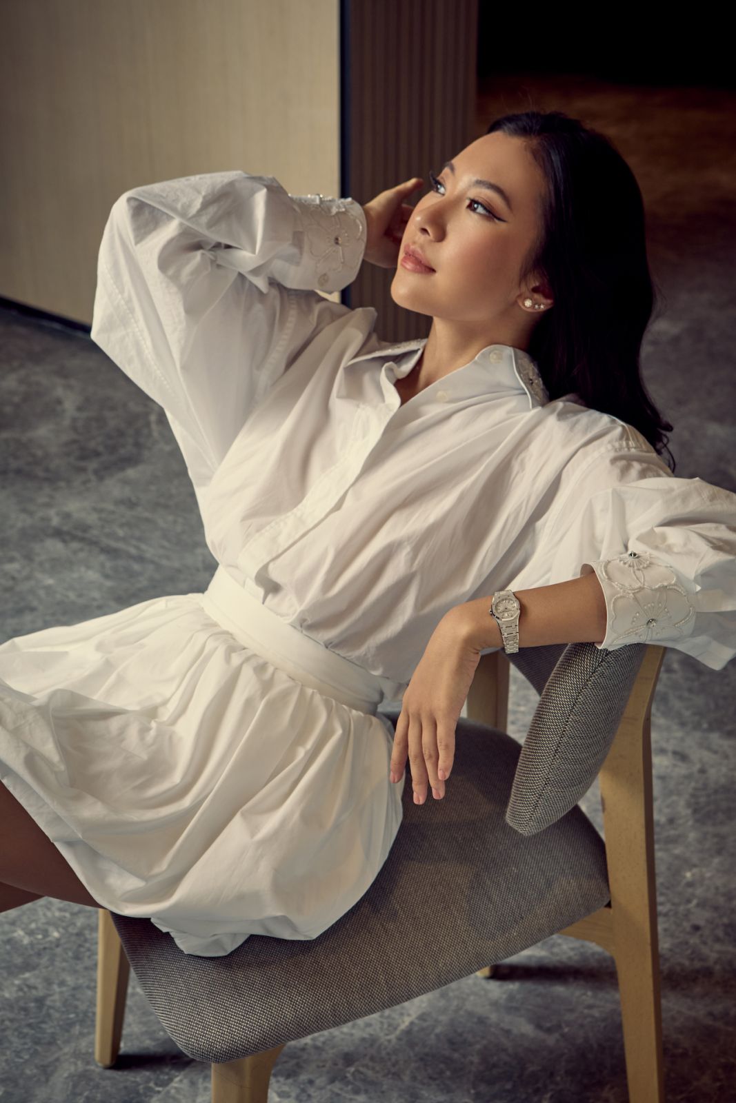 Rachel Yeoh wears Audemars Piguet Royal Oak Mini in white gold and Dolce & Gabbana dress