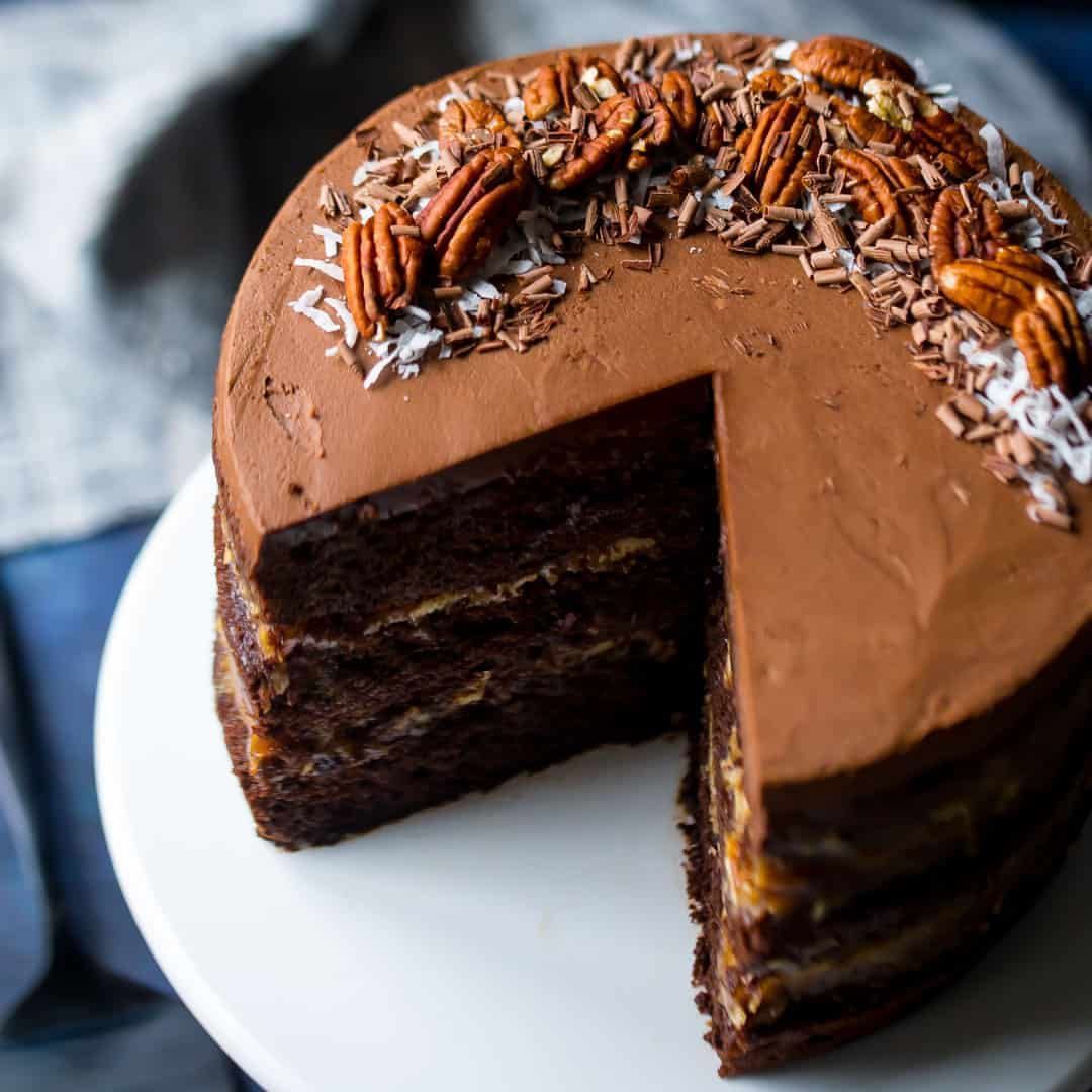 German chocolate cake topped with pecans (Photo: Instagram / @bakingamoment)