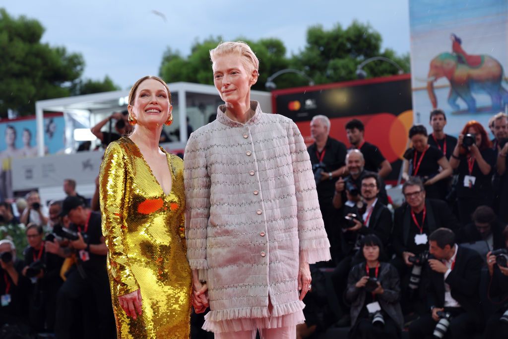 VENICE, ITALY - SEPTEMBER 02: Julianne Moore and Tilda Swinton attend the "The Room Next Door" red carpet during the 81st Venice International Film Festival on September 02, 2024 in Venice, Italy. (Photo by Vittorio Zunino Celotto/Getty Images)