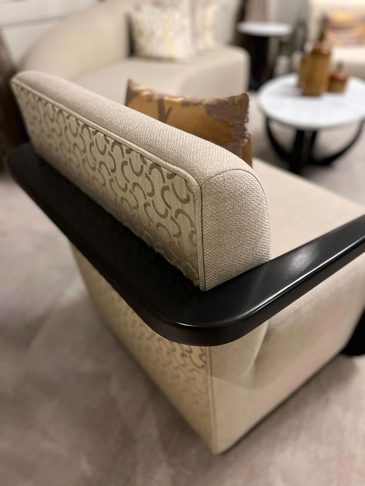 A close-up of the bespoke armchair detailing