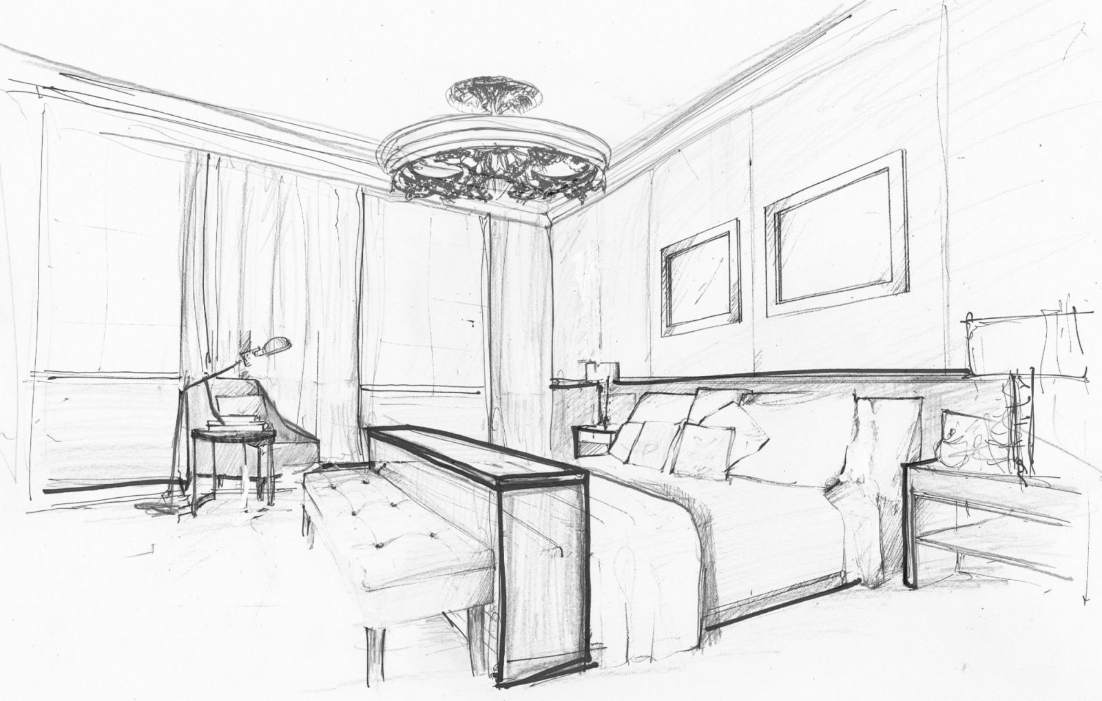 A hand-drawn sketch of a master bedroom for a Good Class Bungalow in Dempsey, Singapore