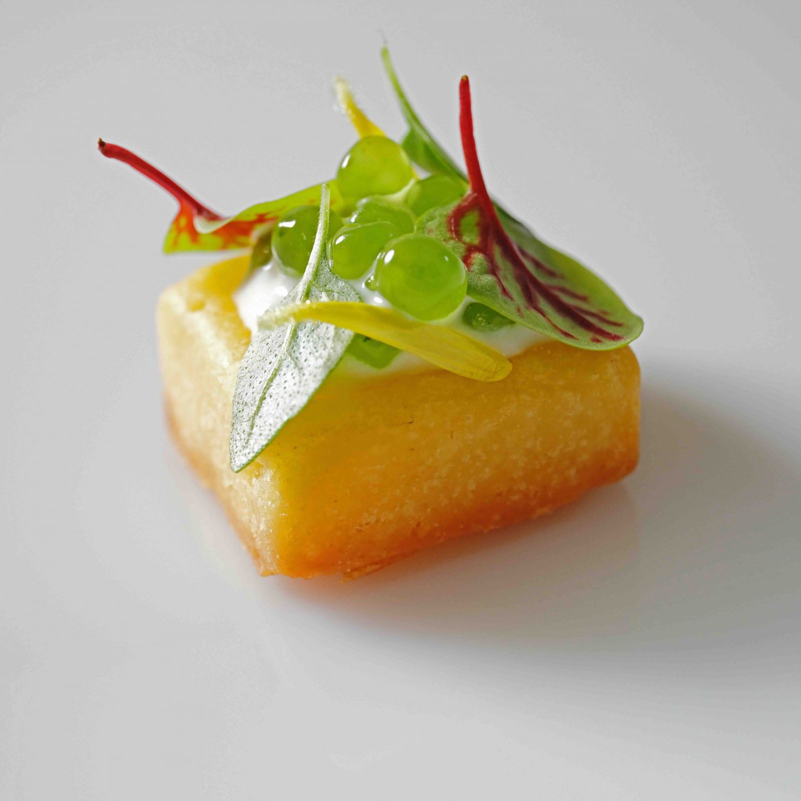 Burrata cheese crisp with basil spherification rouille sauce and micro herbs