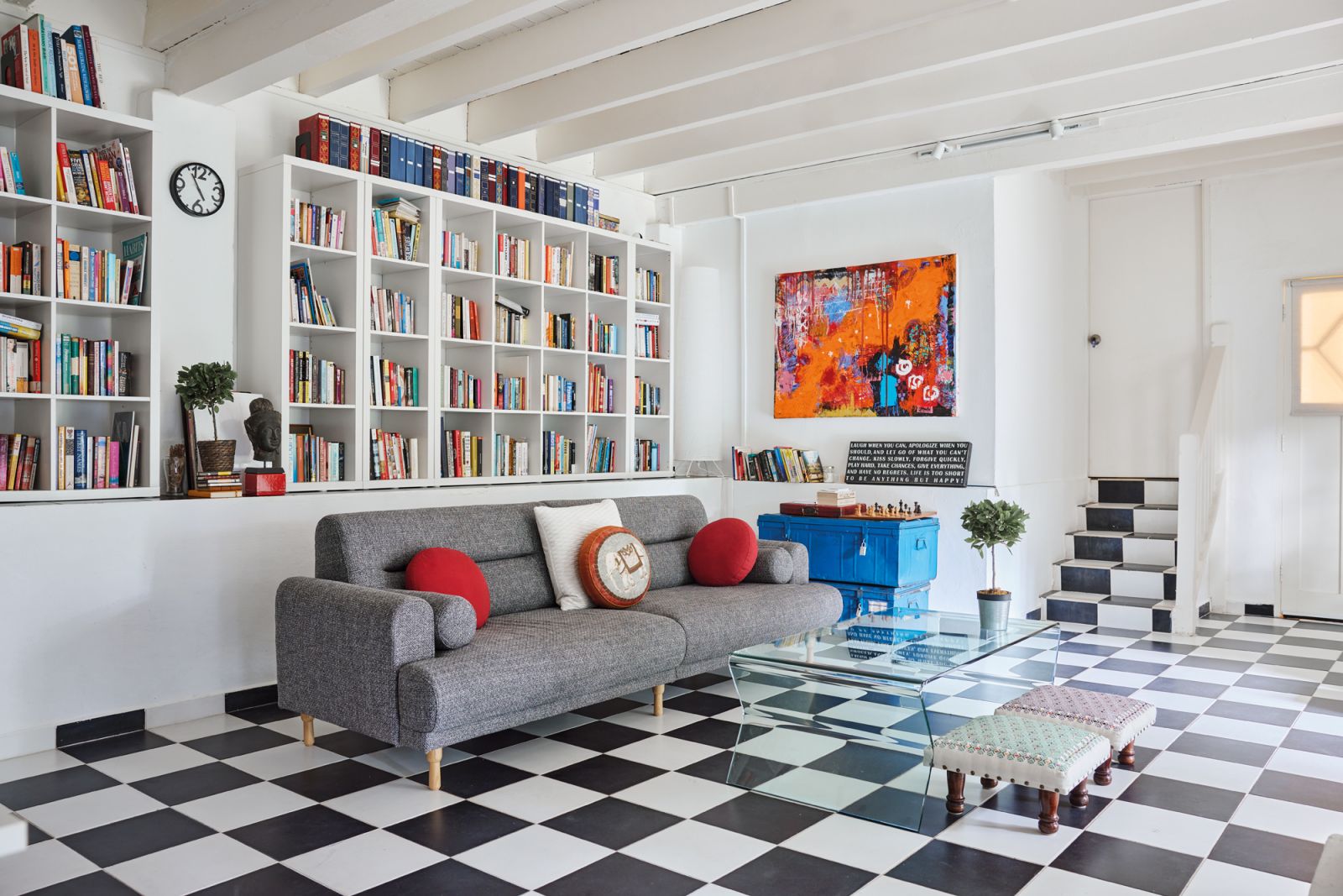 The collected artworks complement the home’s eclectic interiors