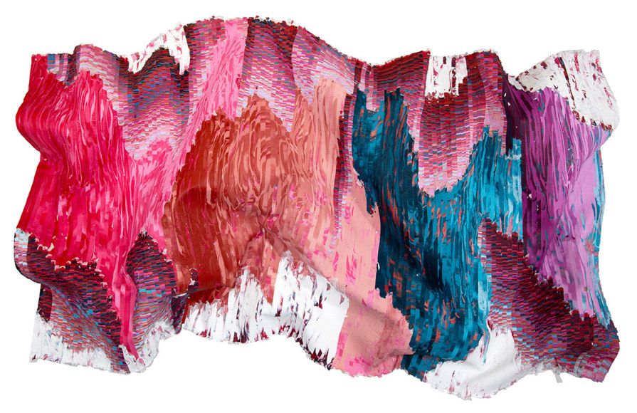 Kenny Nguyen, Blooms No. 2, 2024, hand-cut silk fabric, acrylic paint, canvas, mounted on wall, 60 x 114 inches/152.4 x 289.6 cm. Image courtesy of Sundaram Tagore Gallery.