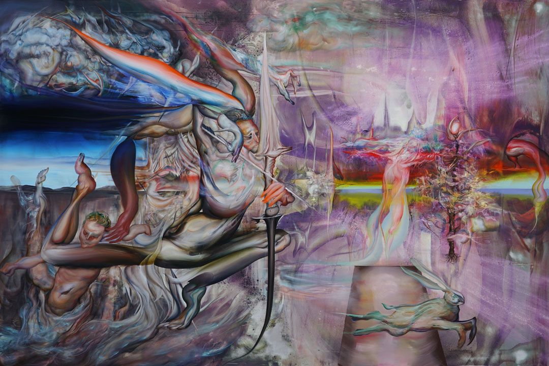 Ruben Pang, Lifehunter, 2023, Oil alkyd and dammar varnish on aluminium composite panel, 120 x 180cm. Image courtesy of Richard Koh Fine Art.