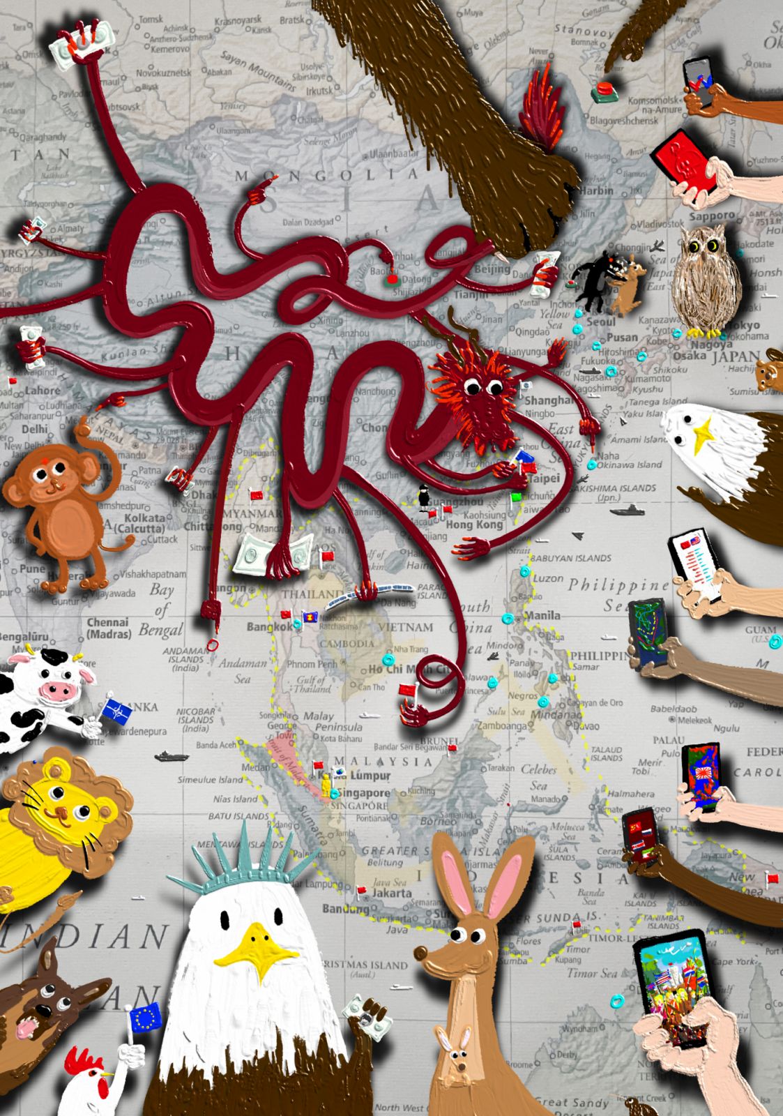 Lin Aojie, Southeast Asian Art Scene, 2024, iPad painting, archival inkjet print, mounted on aluminium, 100cm x 70 cm. Image courtesy of ShanghART.