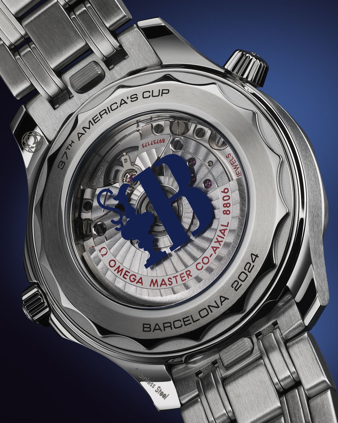 The sapphire caseback of the Seamaster Diver 300M America’s Cup with the Barcelona logo