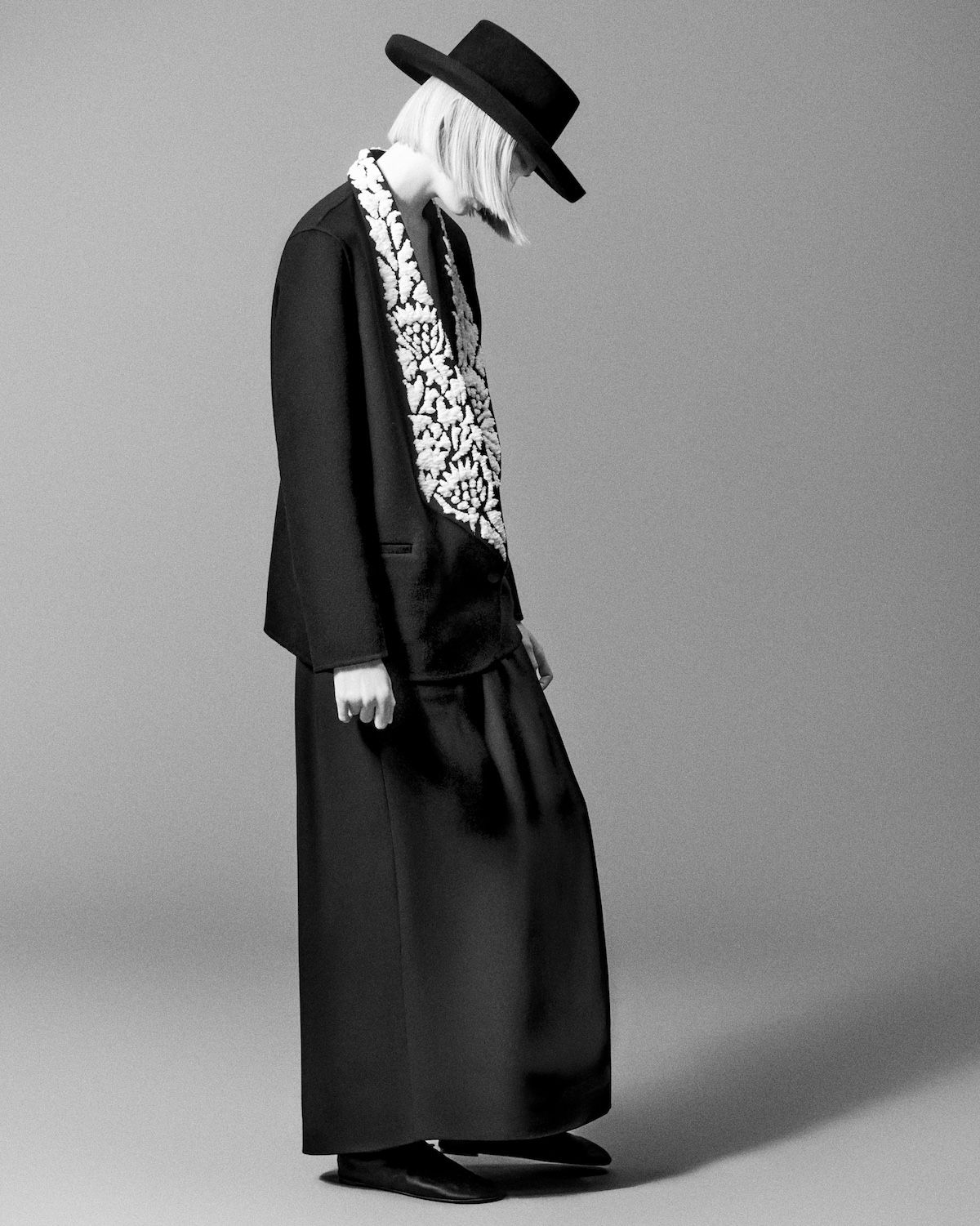 One of the standout looks of the womenswear collection was an oversized tuxedo jacket with embroidered lapels which was matched with a long flowing skirt