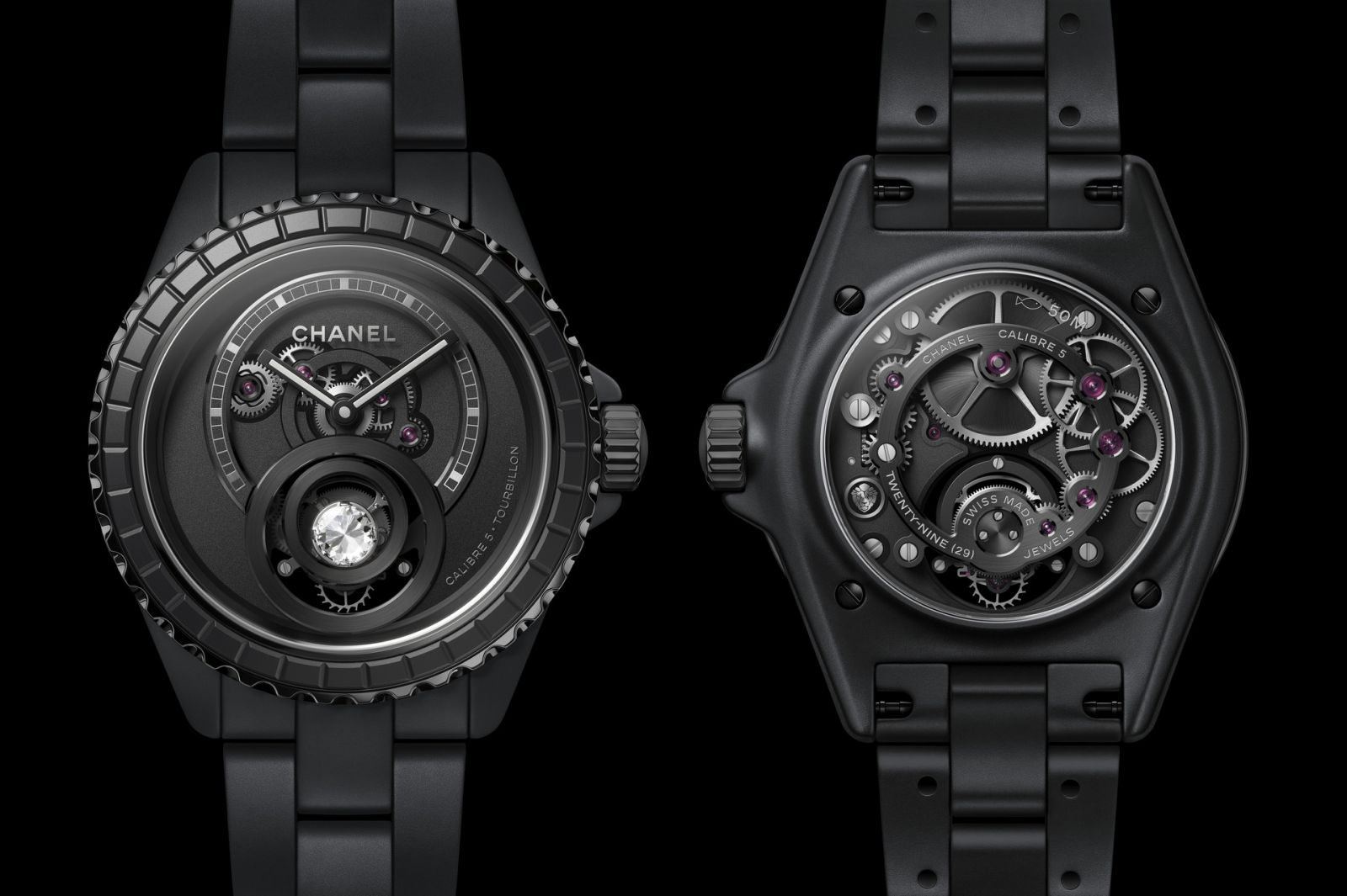 The Chanel J12 Diamond Tourbillon Caliber 5 in all-black ceramic
