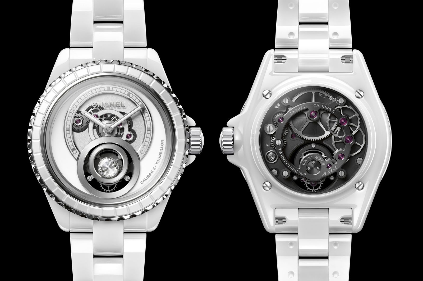 The Chanel J12 Diamond Tourbillon Caliber 5 in all-white ceramic