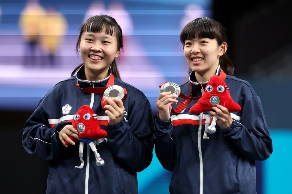 田曉雯與林姿妤兩人出戰2024巴黎帕運女雙WD20級金牌戰最終獲得銀牌。(Photo by Michael Reaves/Getty Images)