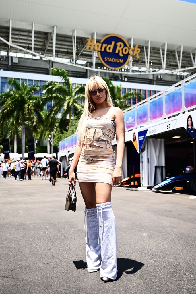 MIAMI, FLORIDA - MAY 04: Camila Cabello walks in the F1 Academy paddock prior to race 1 during Round 2 Miami of the F1 Academy at Miami International Autodrome on May 04, 2024 in Miami, Florida. (Photo by Pauline Ballet - Formula 1/Formula 1 via Getty Images)