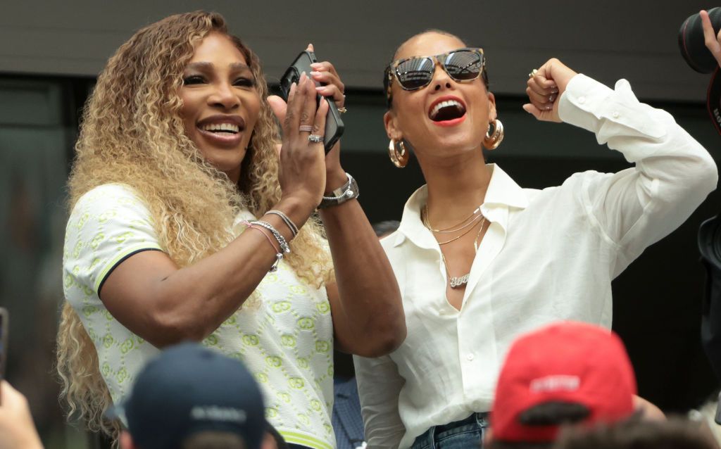 NEW YORK, NEW YORK - SEPTEMBER 1: Serena Williams and Alicia Keys celebrate the victory of Grigor Dimitrov of Bulgaria over Andrey Rublev of Russia during day seven of the 2024 US Open Tennis Championships at the USTA Billie Jean King Tennis Center on September 1, 2024 in Flushing Meadows, Queens, New York City. (Photo by Jean Catuffe/GC Images)
