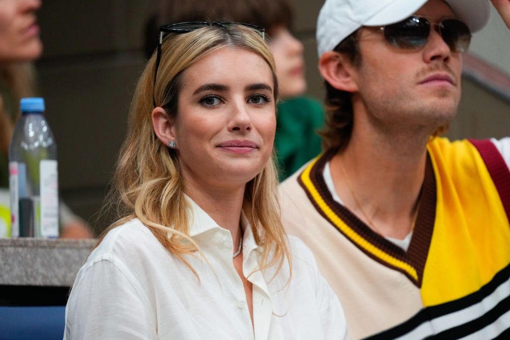 NEW YORK, NEW YORK - SEPTEMBER 07: Emma Roberts and Cody John are seen at the Women's Final between Sabalenka vs. Pegula on Day Thirteen of the 2024 US Open at USTA Billie Jean King National Tennis Center on September 07, 2024 in New York City. (Photo by Gotham/GC Images)
