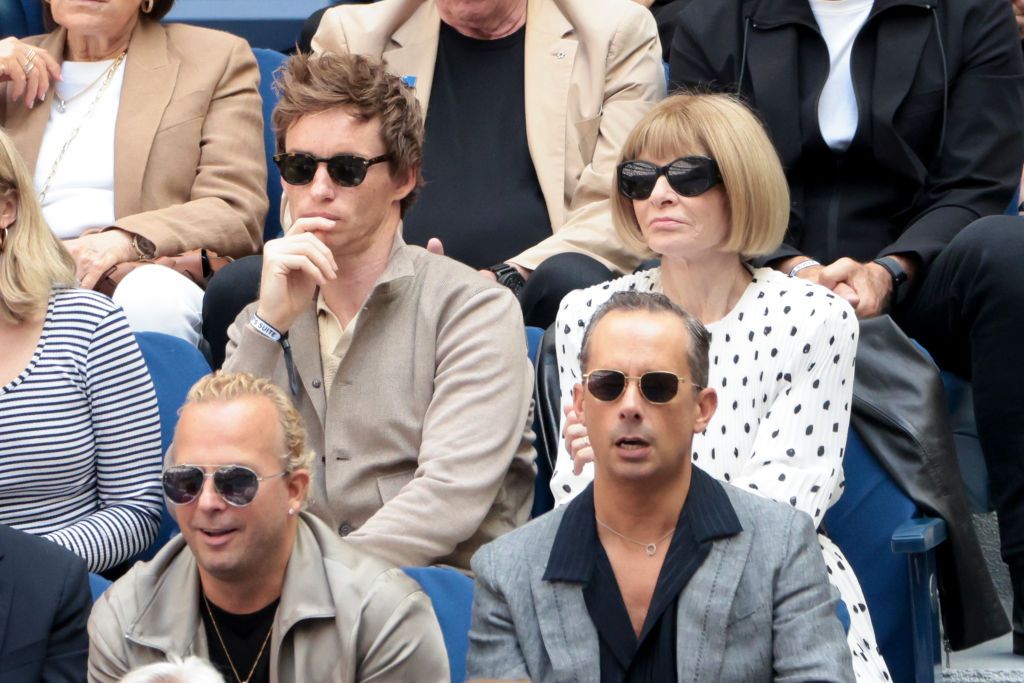 FNEW YORK, NEW YORK - SEPTEMBER 8: Eddie Redmayne and Anna Wintour attend the men's final on day fourteen of the 2024 US Open Tennis Championships at the USTA Billie Jean King Tennis Center on September 8, 2024 in Flushing Meadows, Queens, New York City. (Photo by Jean Catuffe/GC Images)