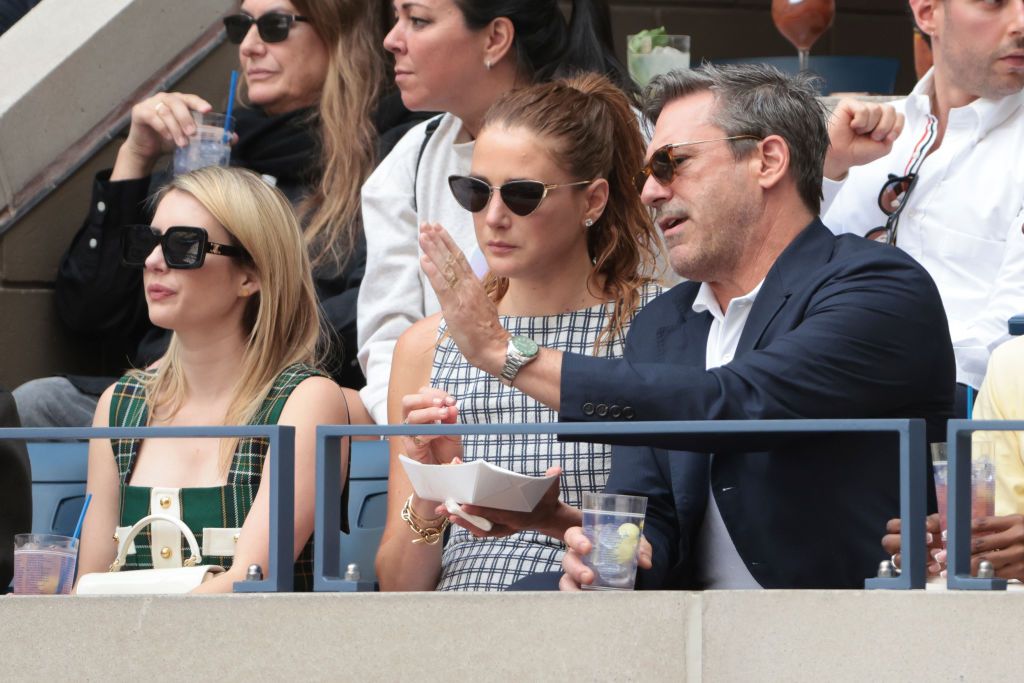 FNEW YORK, NEW YORK - SEPTEMBER 8: Emma Roberts, Anna Osceola and Jon Hamm attend the men's final on day fourteen of the 2024 US Open Tennis Championships at the USTA Billie Jean King Tennis Center on September 8, 2024 in Flushing Meadows, Queens, New York City. (Photo by Jean Catuffe/GC Images)