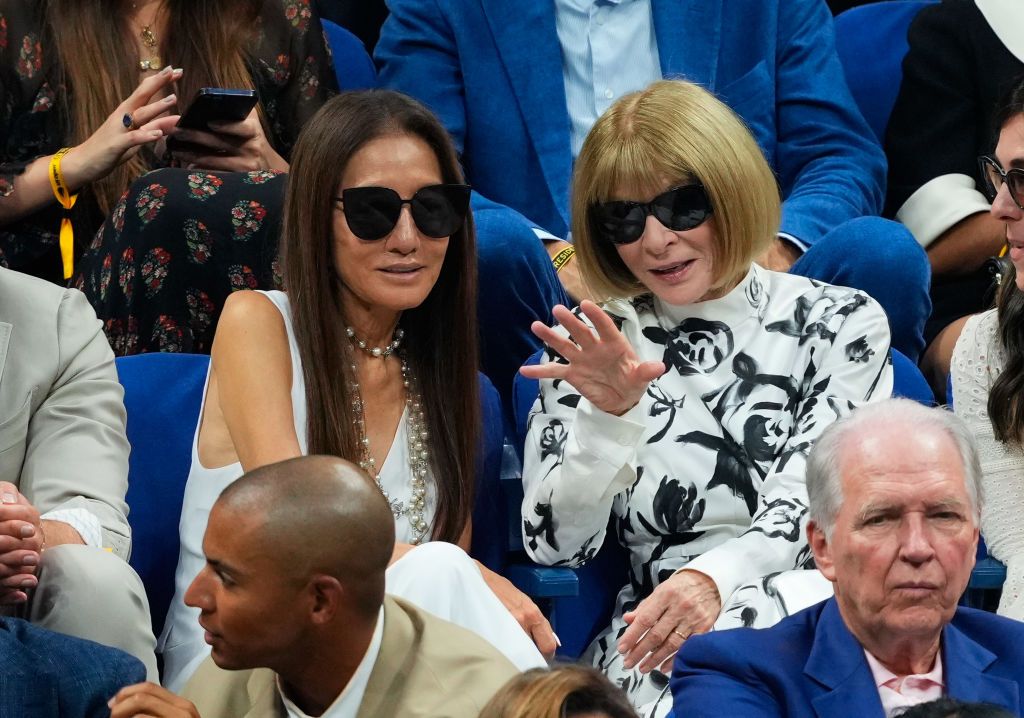 NEW YORK, NEW YORK - AUGUST 26: Vera Wang and Anna Wintour attend opening day matches of the 2024 US Open Tennis Championships on August 26, 2024 in Flushing, New York. (Photo by Gotham/GC Images)
