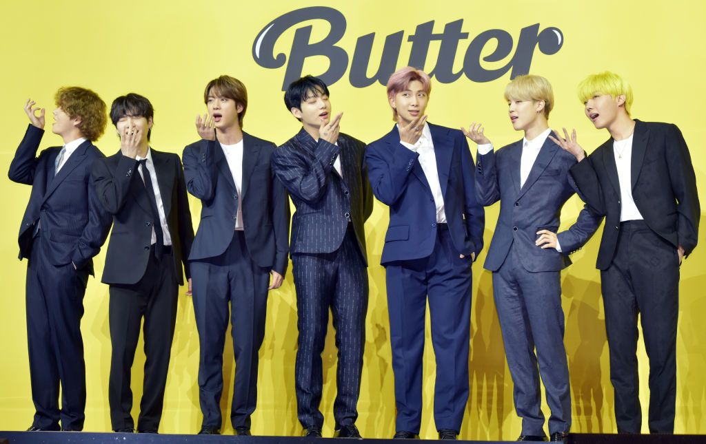 SEOUL, SOUTH KOREA - MAY 21: BTS attends a press conference for BTS's new digital single 'Butter' at Olympic Hall on May 21, 2021 in Seoul, South Korea. (Photo by The Chosunilbo JNS/Imazins via Getty Images)