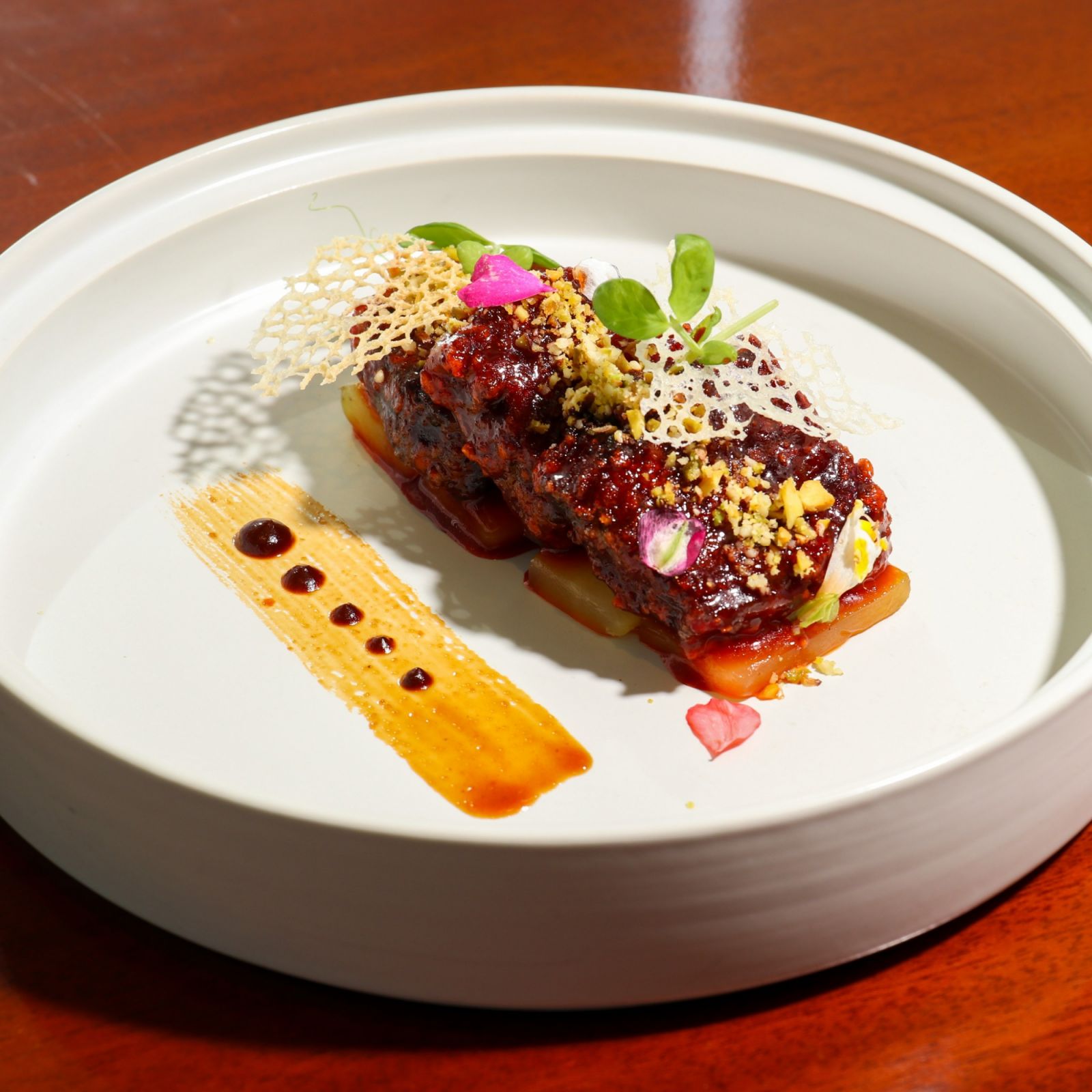 Wasabi, Wagyu beef cheek, pistachio, and green bamboo shoot from chef Jereme Leung's 'The Emperor's Table'