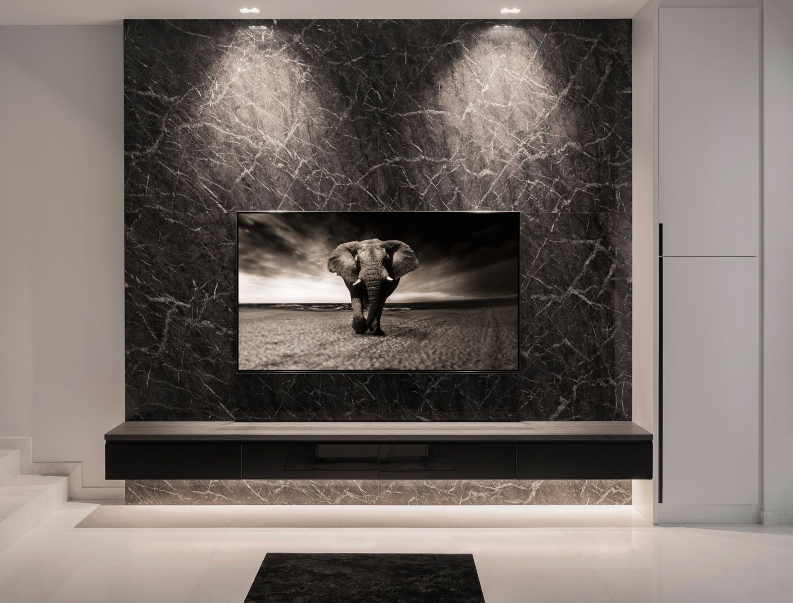 A striking feature wall in the living room