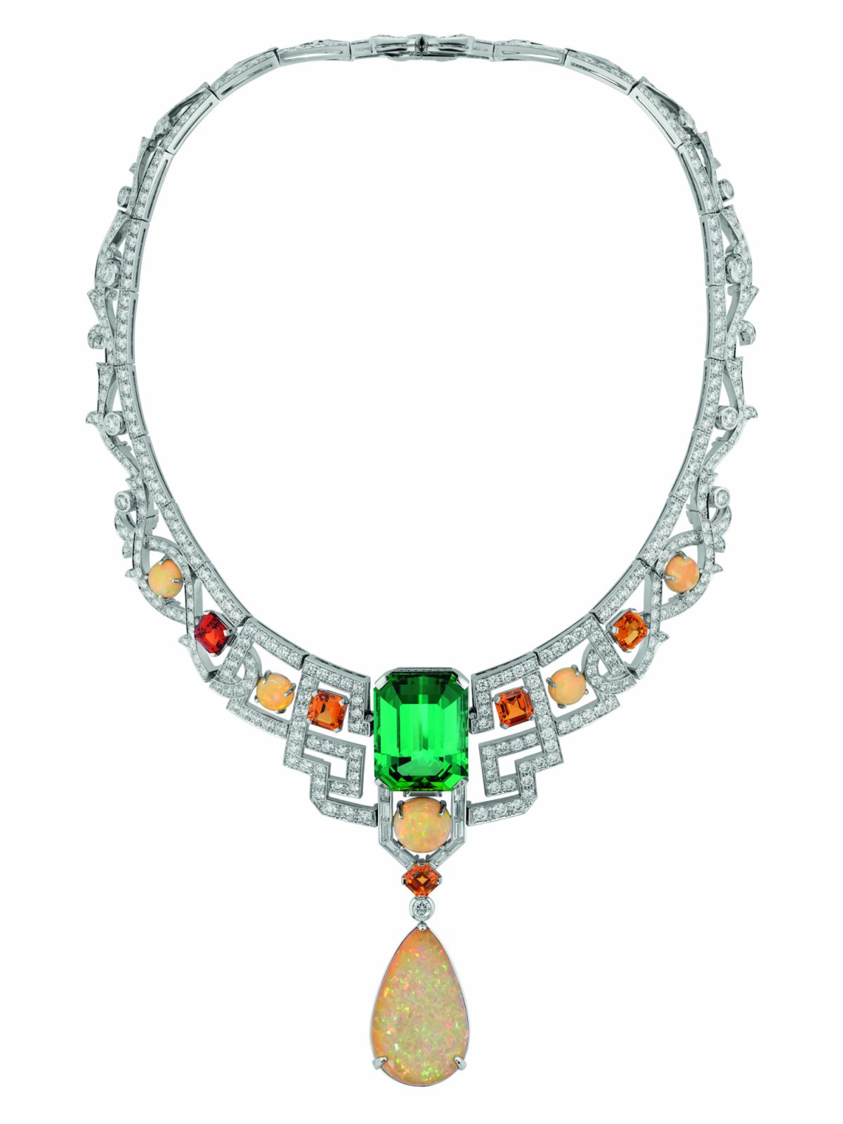 Gucci Labirinti necklace featuring a lagoon tourmaline and Ethiopian opal framed by Mandarin garnets in a bold, diamond-set design (Photo: Gucci)