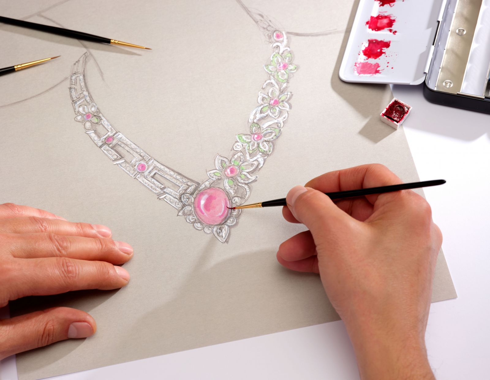 A watercolour illustration of a white gold necklace with a 28.07c spinel, tourmaline rubellite beads and pear-cut tsavorites, part of the Labirinti Gucci High Jewellery collection (Photo: Gucci)