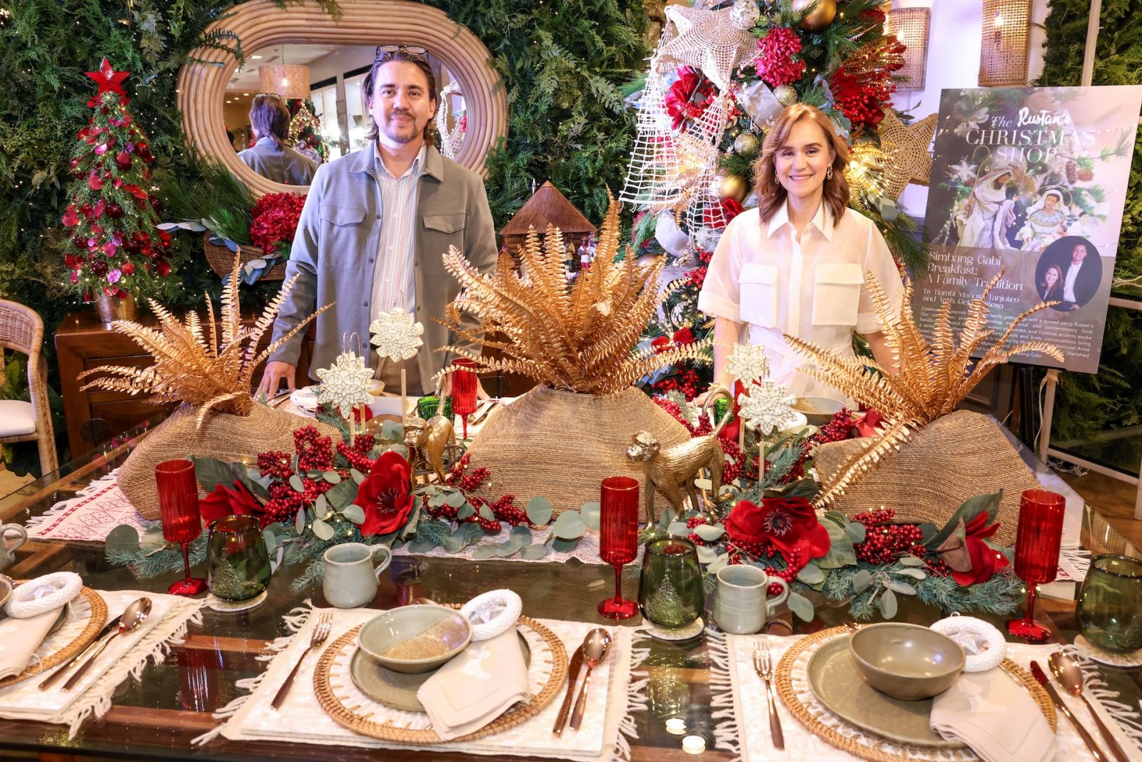 Architect Gelo Mañosa and Bambi Mañosa-Tanjutco with their tablescape that features the theme Simbang Gabi Breakfast: A Family Tradition