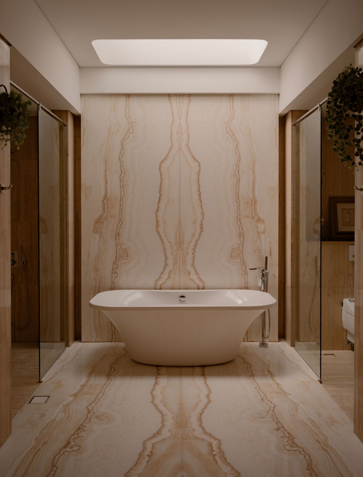 The master bathroom makes a statement with a sculptural bathtub against a lushly veined feature wall