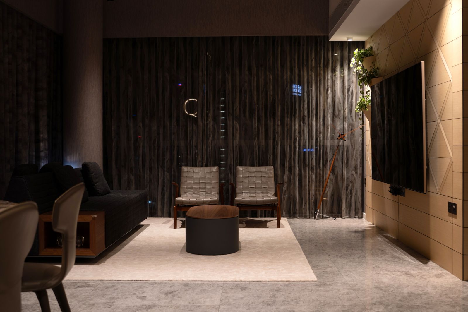 A view of the same living room at night