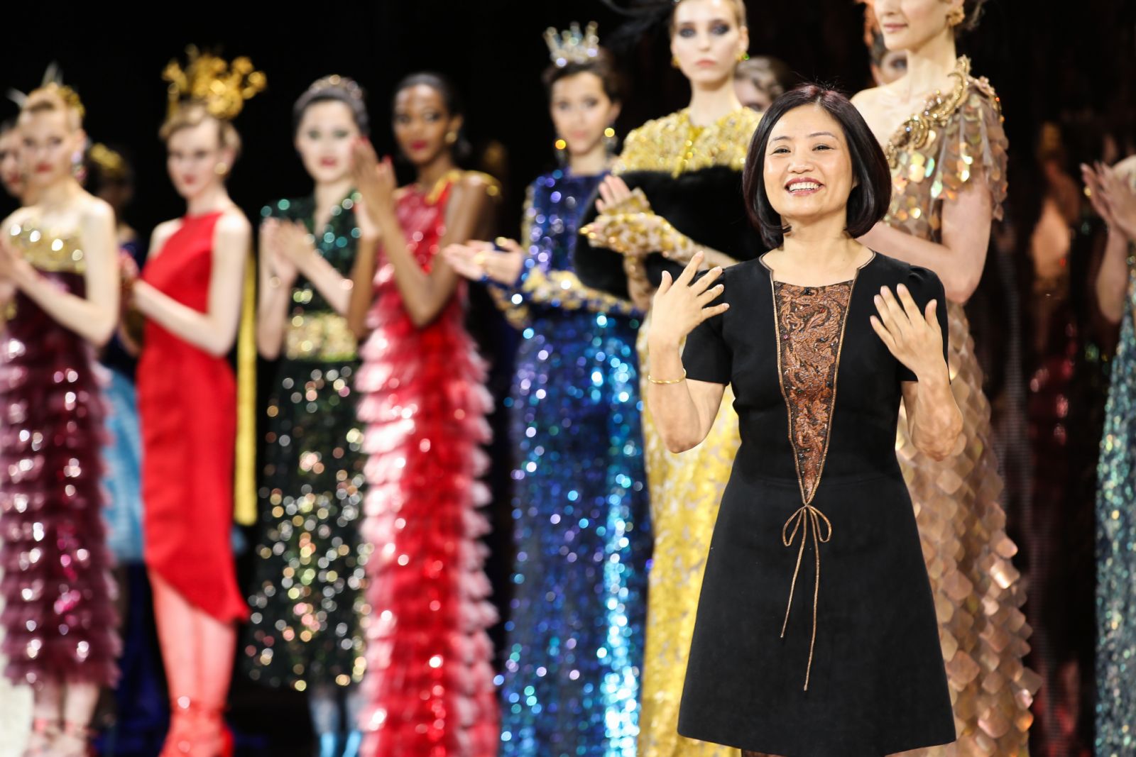 PARIS, FRANCE - JULY 03:  Chinese Designer Guo Pei walks the runway after the Guo Pei Haute Couture Fall/Winter 2016-2017 show as part of Paris Fashion Week on July 3, 2016 in Paris, France.  (Photo by Richard Bord/Getty Images)
