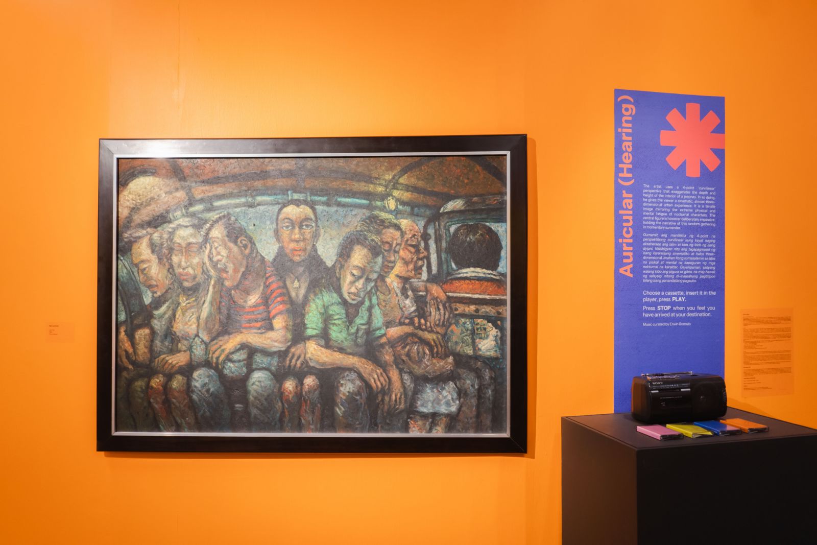 ‘Last Trip’ by Mark Justiniani, oil on particle board (1990). Guests travel through time by listening to the curated hit songs that belong to ‘patok’ jeepney drivers’ playlist.