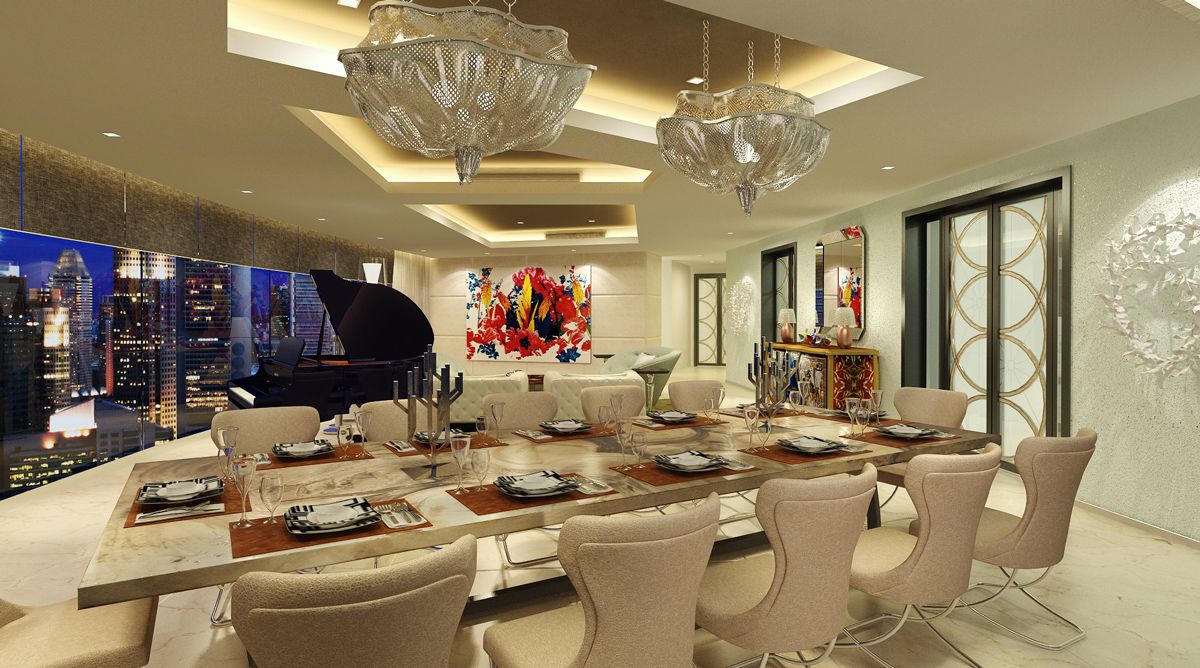 A striking dining and living space with skyline view at the Vue Residences