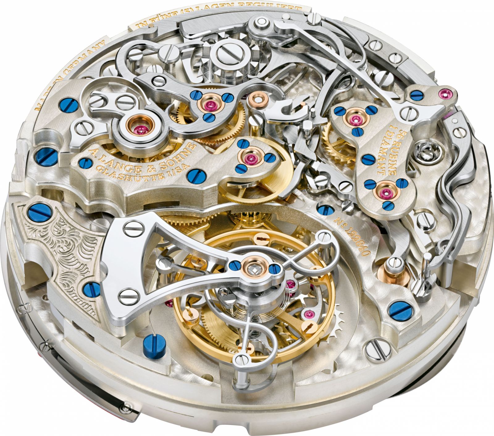 The beautifully finished L952.4 movement that powers A. Lange & Söhne Datograph Perpetual Tourbillon Honeygold ‘Lumen’