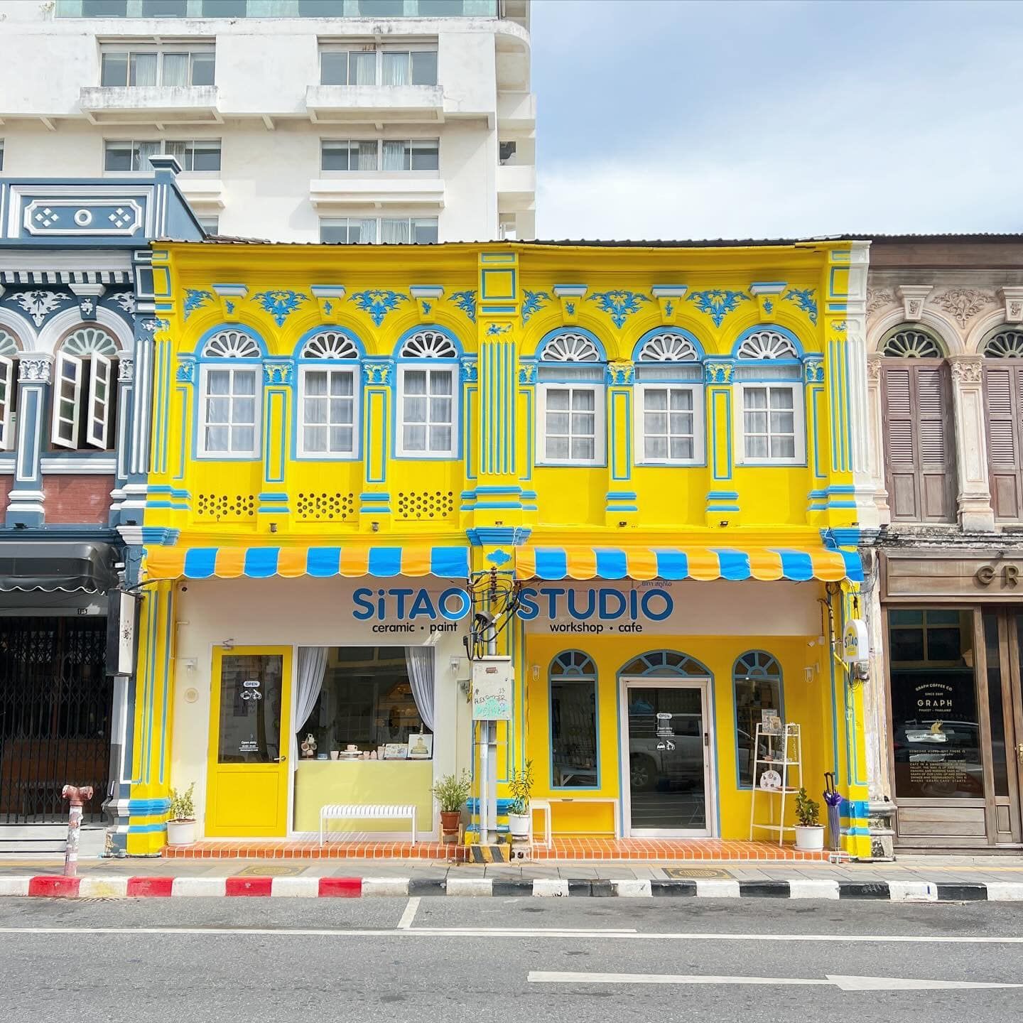 Colourful shops and cafes