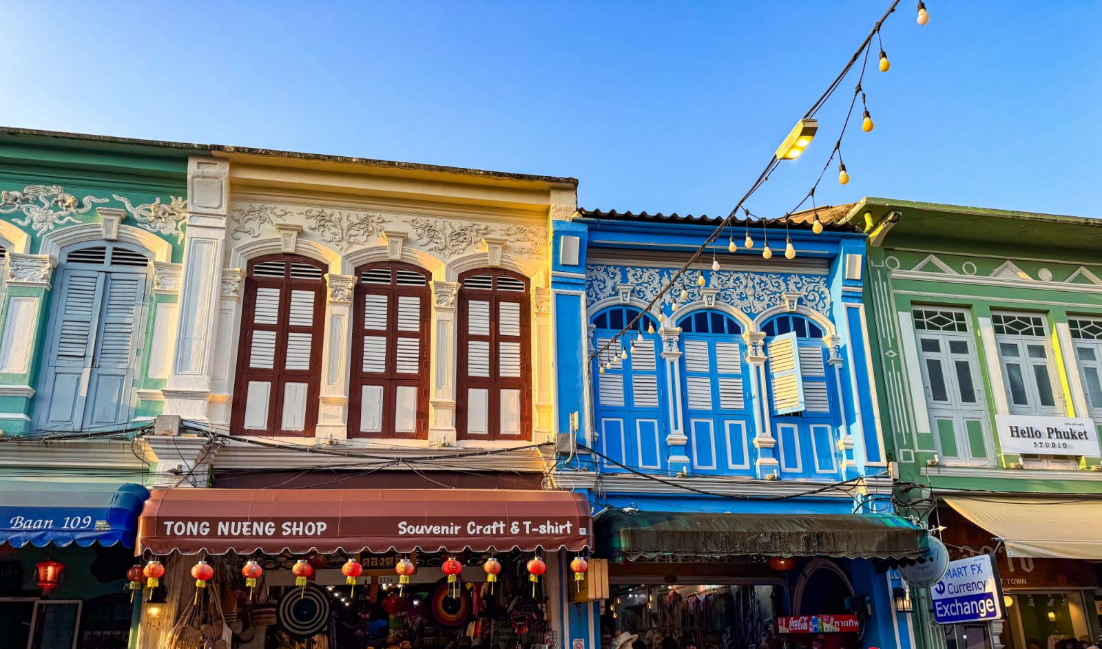 Street view of Phuket Old Town night market at sunset, in Phuket, Thailand, south east asia