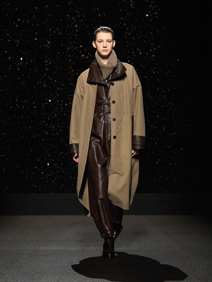 Leather was worn in polished layers and silhouettes throughout the show