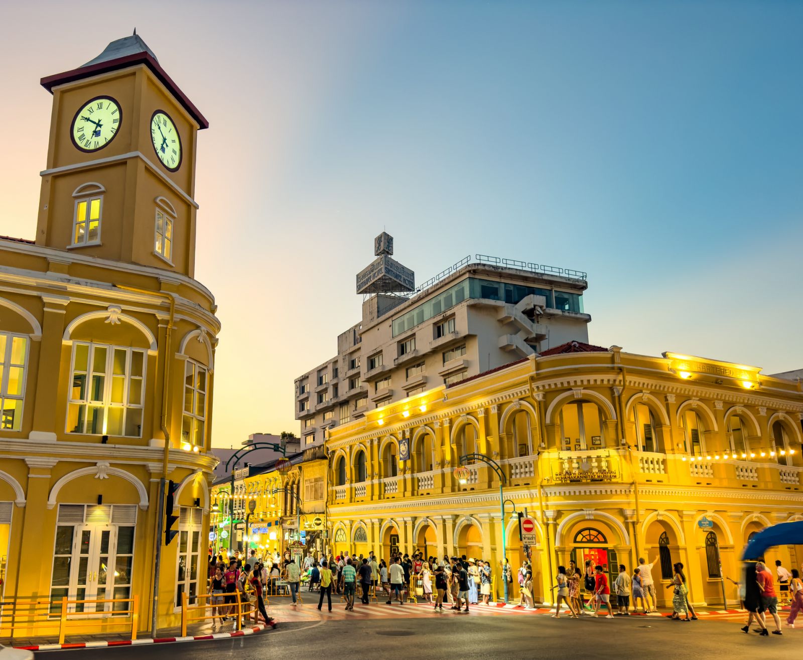 Street view of Phuket Old Town night market at sunset, in Phuket, Thailand, south east asia